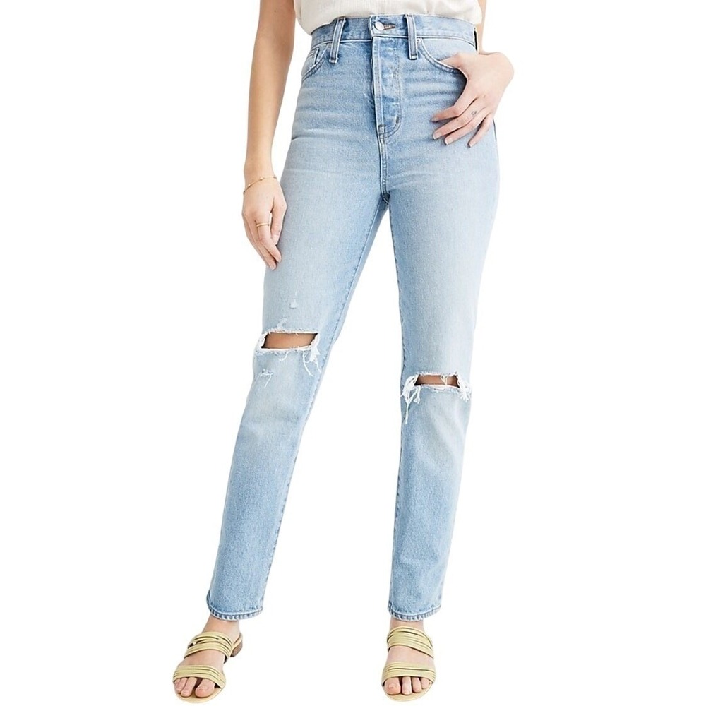 Madewell Classic Straight Jeans Size 25 Blue Distressed High Rise Rigid Denim